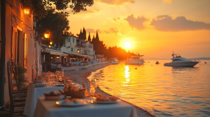 Naklejka premium Romantic seaside restaurant at sunset.