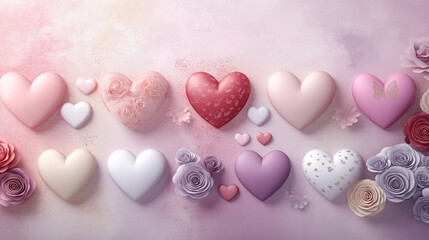 Fototapeta premium Romantic Valentine's Day Background with Hearts, Flowers, and Golden Accents
