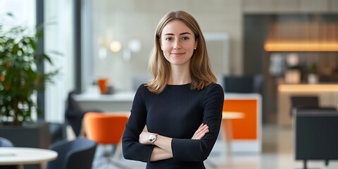 Portrait of a female innovation specialist standing confidently in a modern office, smiling