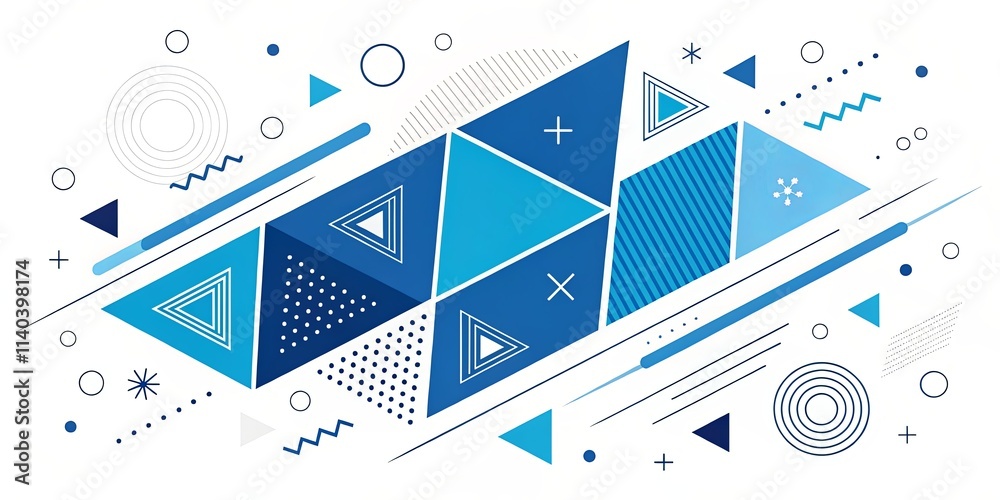 Poster a blue and white abstract design with triangles and circles
