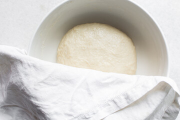 Overhead view of challah dough in a white mixing bowl, top view of homemade challah dough rising in a white mixing bowl, process of making challah