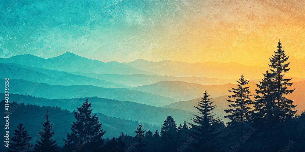 Poster a mountain range with a blue sky and trees