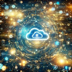 Futuristic Digital Cloud Computing Concept with Holographic Data Flow, Blue and Golden Light, and Code Elements. Created with generative AI technology
