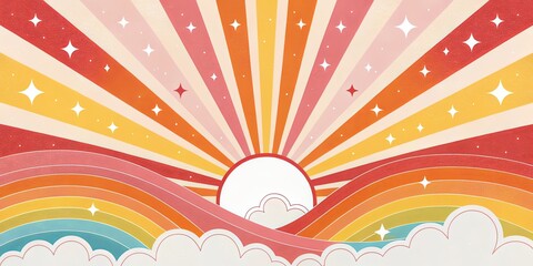 A colorful, starry sky with a rainbow and a sun