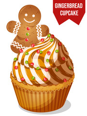 Gingerbread Cupcake with Frosting, Colorful Candies and Gingerbread Man Toppings. Confectionery Christmas Dessert  
