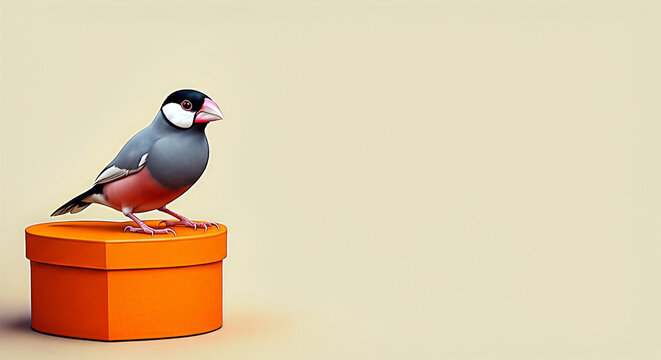 オレンジ色のハート形ギフトボックスに優雅に佇む文鳥