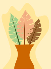 Colorful tropical leaves in a vase. Vector flat illustration.