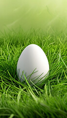 Fototapeta premium Serene white egg nestled in lush green grass on a bright sunny day