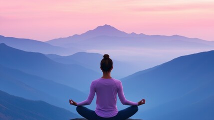 Woman practicing yoga on a mountain peak at sunrise, enjoying peaceful landscape