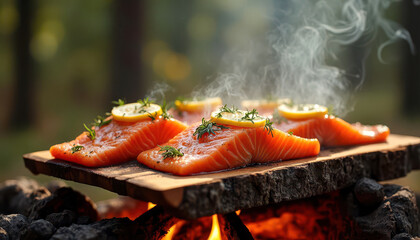 Outdoor barbecue delight with grilled salmon on cedar plank - perfect for summer cookouts