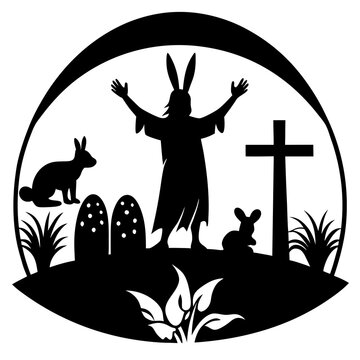 easter scene silhouette with jesus and bunnies clip art preview