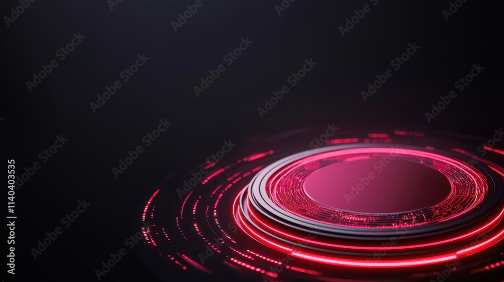 Poster quantum computing concept. futuristic red circular design with glowing lines and dark background