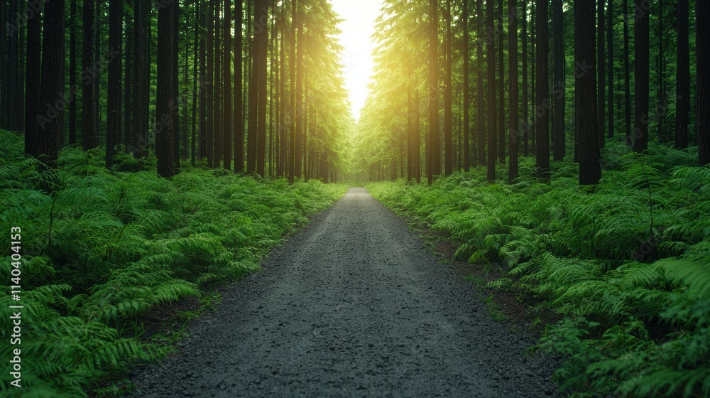 Poster Sunlight streaming through forest pathway surrounded by lush ferns and tall trees