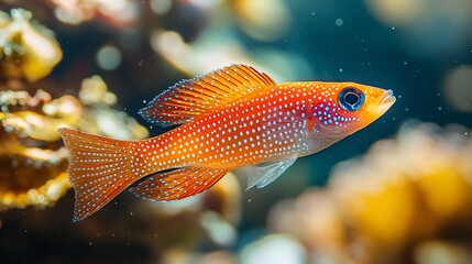 Obraz premium Vibrant orange fish with blue spots swimming in coral reef.