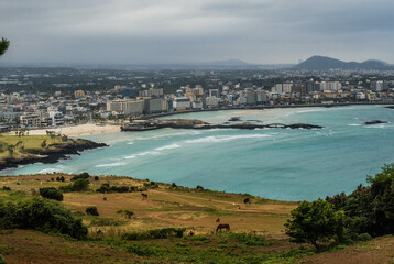 Obraz premium View of Hamdeok Beach from Seoubong Peak, Jeju Olle Trail, Jeju Island, South Korea