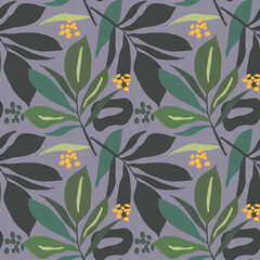 Leafy botanical pattern with  foliage and berries on a grey background