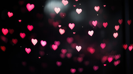 Elegant bokeh effect of pink and red hearts floating in a dreamy atmosphere against a black background. Small heart shapes create a soft, romantic, and blurred artistic aesthetic.