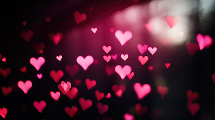 Elegant bokeh effect of pink and red hearts floating in a dreamy atmosphere against a black background. Small heart shapes create a soft, romantic, and blurred artistic aesthetic.