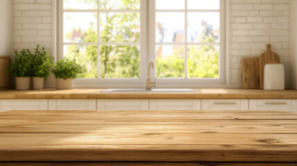 Fototapeta premium Empty Wooden Table in a Bright Modern Kitchen with Blurred Background