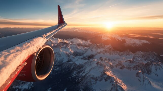 Aerial view of a snow-capped mountain range at sunset, featuring an airplane wing with a vibrant sky and golden sun.