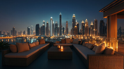 Obraz premium stylish rooftop bar with panoramic views of vibrant city skyline at night