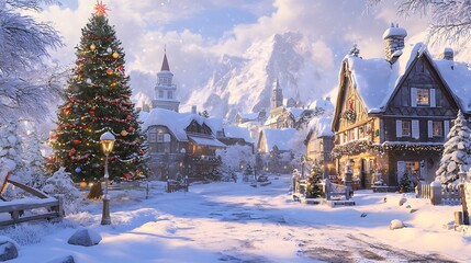 Fototapeta premium Snow-covered village with a decorated tree in the town square 