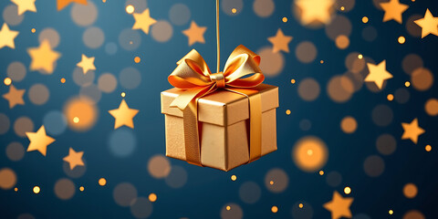 Obraz premium Golden Gift Bow Suspended Mid-Air - Surrounded by sparkles. backdrop background digital art crisp oilpinting minimalist sharp details funny background copyspace