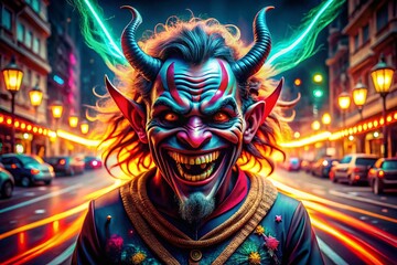 Obraz premium Funny Demon Long Exposure Photography: Hilarious Nighttime Mischief, Spooky Surrealism, Demonic Comedy, Long Exposure Photography, Night Photography