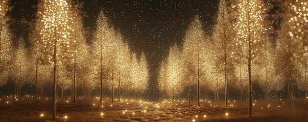 Naklejka premium Winter Forest With Twinkling Christmas Lights On Trees 