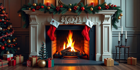 Lit Fireplace with Hanging Stockings - Classic Christmas imagery. backdrop background digital art crisp oilpinting minimalist sharp details funny background copyspace