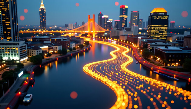 Digital Financial River - A glowing river of binary code flowing through a city representing cash flow. background copyspace