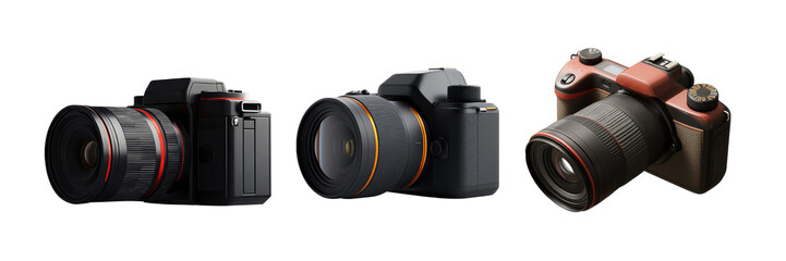 A collection of three different digital cameras showcasing various designs and lens configurations.