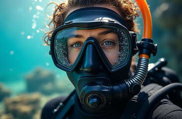 A close-up portrait of a scuba diver wearing a full-face mask and snorkel.
