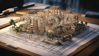 Architectural model of the year 2025 crafted from blueprint designs on a workspace table. Generative AI