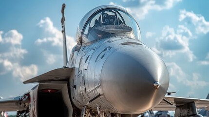 Obraz premium A close-up view of a military jet showcasing its sleek design and cockpit against a backdrop of clouds.