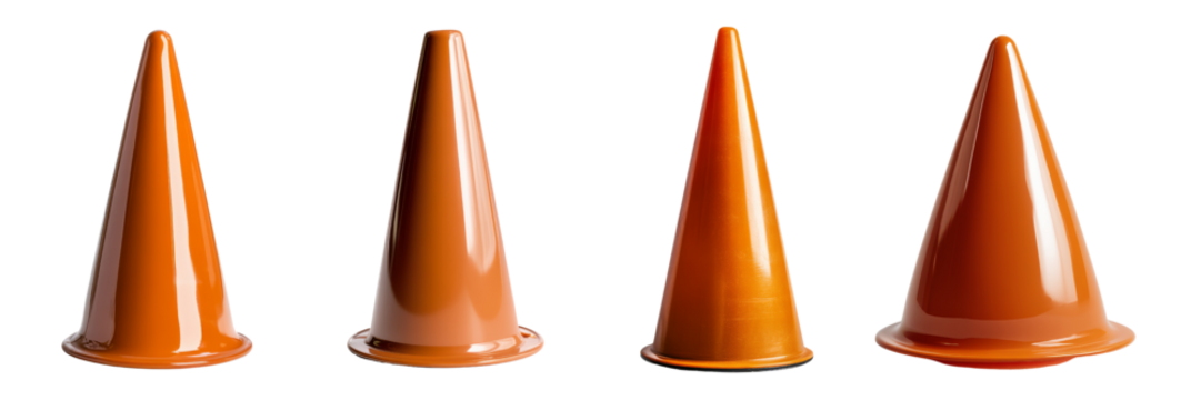 Four orange traffic cones arranged in a row, featuring a conical shape and a sturdy base, often used for directing or blocking traffic.