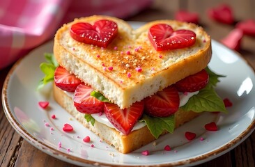 Sandwich in the shape of a heart. Food for Valentine's Day. Festive breakfast. Cake with strawberries in the shape of a heart.