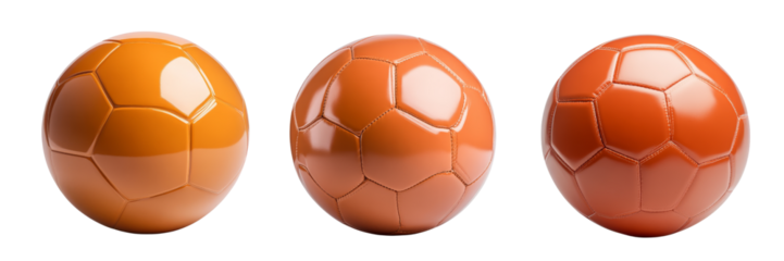Three glossy orange soccer balls with distinct patterns showcasing a smooth texture and vibrant color.