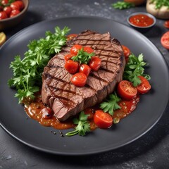 A juicy grilled steak on a plate with a flavorful red sauce and diced tomatoes garnished with chopped cilantro leaves, diced tomatoes, herbaceous note, crunchy texture