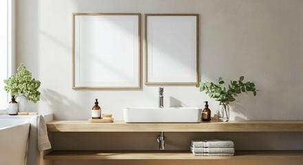 Fototapeta premium A bathroom interior with blank rectangular photo frames on the wall 3d illustration mock-up template.