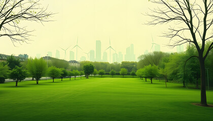 Obraz premium Sustainable City: Park with Wind Turbines