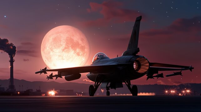 A fighter jet is poised for takeoff under a large full moon, surrounded by a dramatic twilight sky and distant industrial smokestacks.