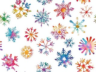 Colorful Watercolor Snowflakes Collection on White Background for Winter Crafts and Seasonal Designs
