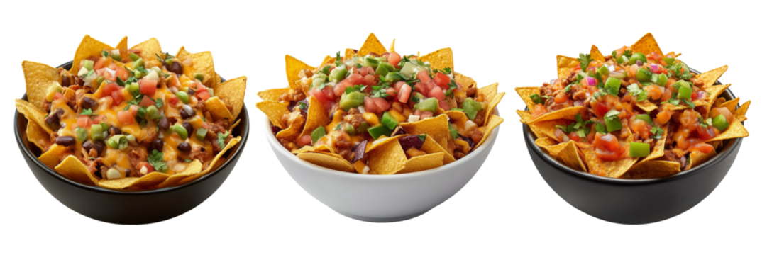 A trio of vibrant nacho bowls topped with layers of cheese, beans, tomatoes, and green onions, showcasing a delicious and colorful dish.