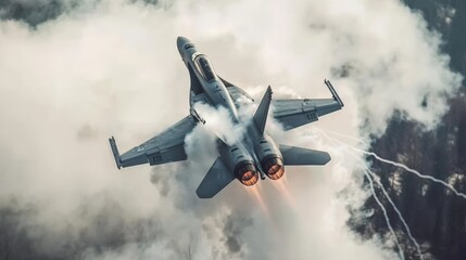 A fighter jet soars through the clouds, leaving behind trails of smoke and fire from its engines, showcasing power and precision in flight.