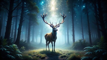 Fototapeta premium Geometric Reindeer Low Light Photography: Dark Fantasy Art, Night Scene, Illuminated Antlers