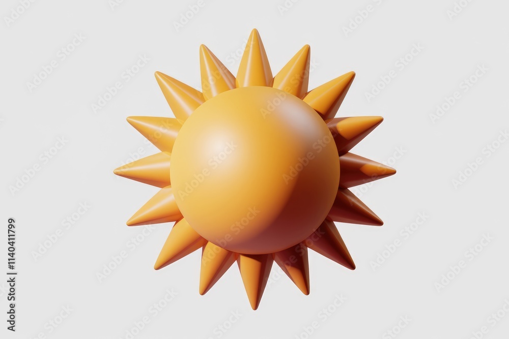 Poster A stylized 3D rendering of a sun with a spherical body and pointed rays.