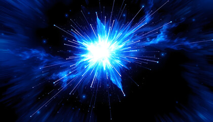 Fototapeta premium 3D rendering, abstract cosmic explosion shockwave blue energy on black background, vibrant, with white tones