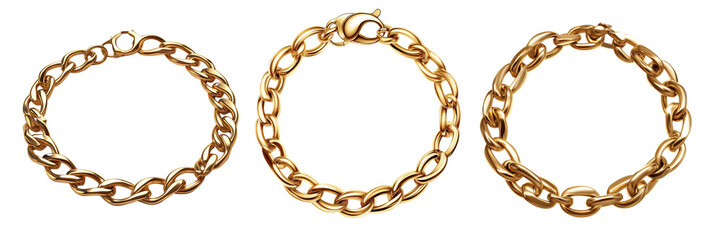 Three gold chain bracelets displayed in a row, showcasing varying designs and links.