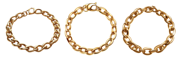 Three gold chain bracelets displayed in a row, showcasing varying designs and links.